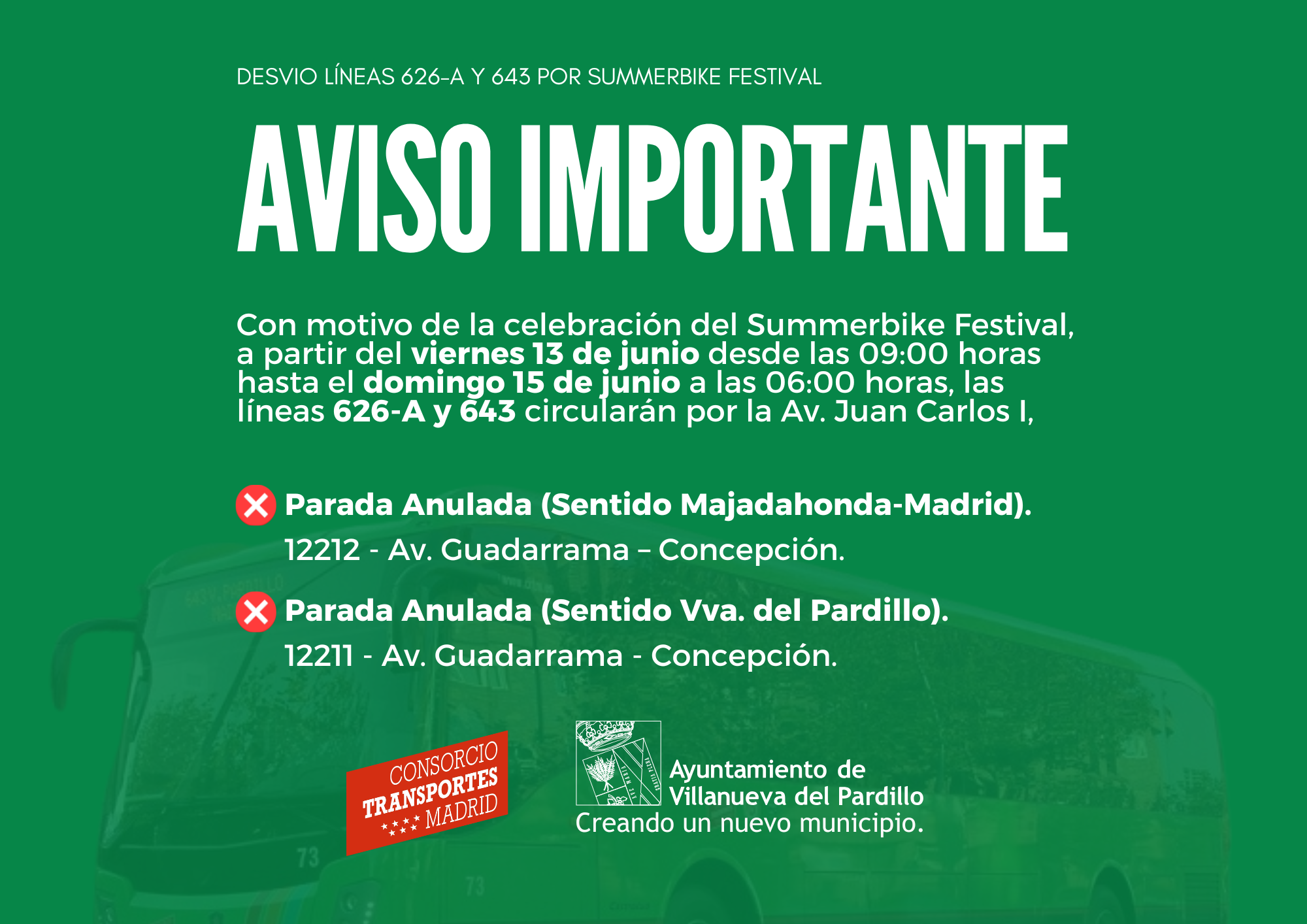 AVISO IMPORTANTE. DESVÍO LÍNEAS 626-A Y 643 POR SUMMERBIKE FESTIVAL